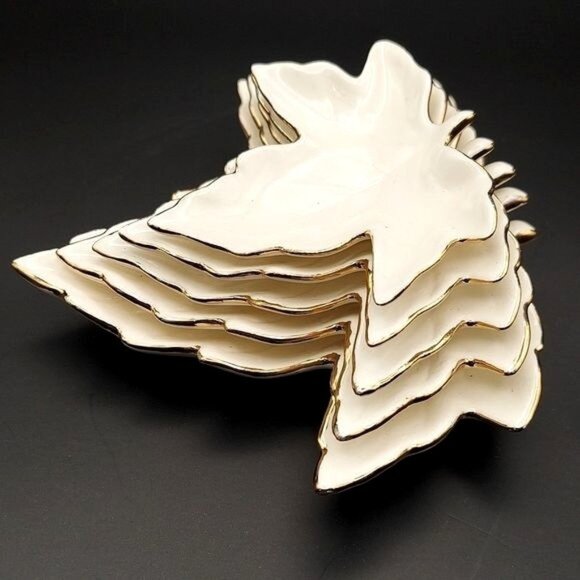 Vintage MCM Set of 5 Nesting Porcelain Leaf Trinket Dishes Gold Edges Fall Decor - Picture 1 of 6